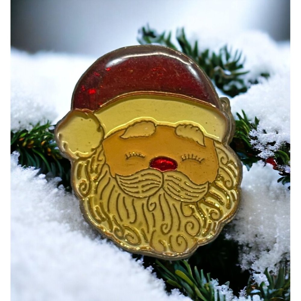 Vintage Christmas Pin Santa Claus Face Brooch Jolly Santa Head Enamel Gold Tone
